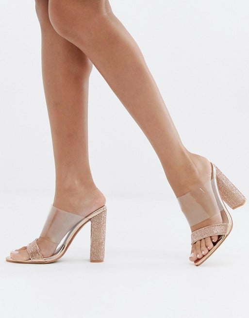 Public Desire Birthday Suit Clear Rose Gold Rhinestone Mules