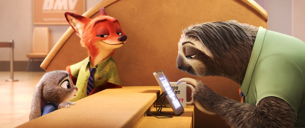 Judy Hopps, Nick Wilde, and Flash the Sloth in Zootopia