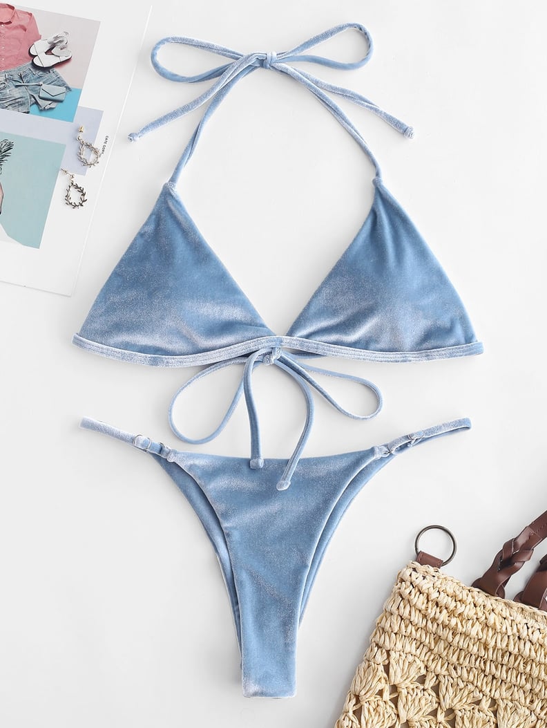 Zaful Velvet Halter String Bikini Set in Jean Blue