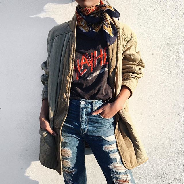 Wear it with a rock band t-shirt, distressed jeans, and a silk scarf.