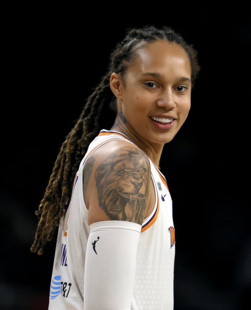 LAS VEGAS, NEVADA - SEPTEMBER 30:  Brittney Griner #42 of the Phoenix Mercury smiles before Game Two of the 2021 WNBA Playoffs semifinals against the Las Vegas Aces at Michelob ULTRA Arena on September 30, 2021 in Las Vegas, Nevada. The Mercury defeated t