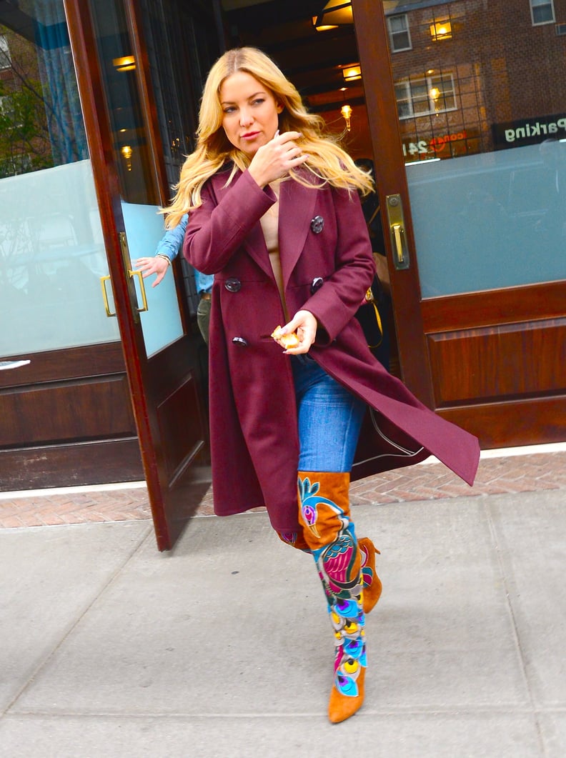 Kate Paired a Neutral Tee and Jeans Combo With a Wine-Colored Duster and, of Course, Some Peacock Boots