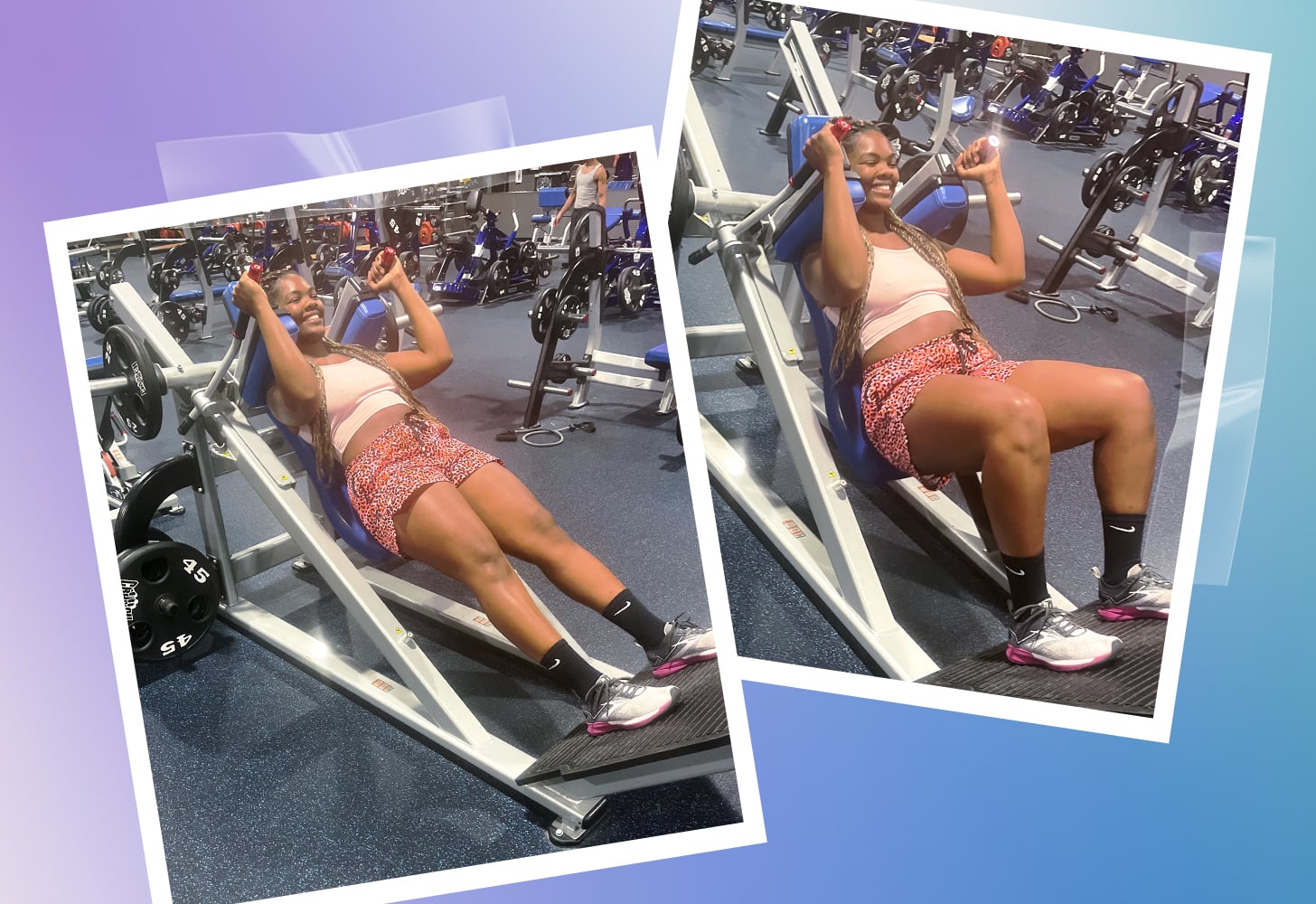 trainer demonstrating a hack squat on the hack squat machine in the gym