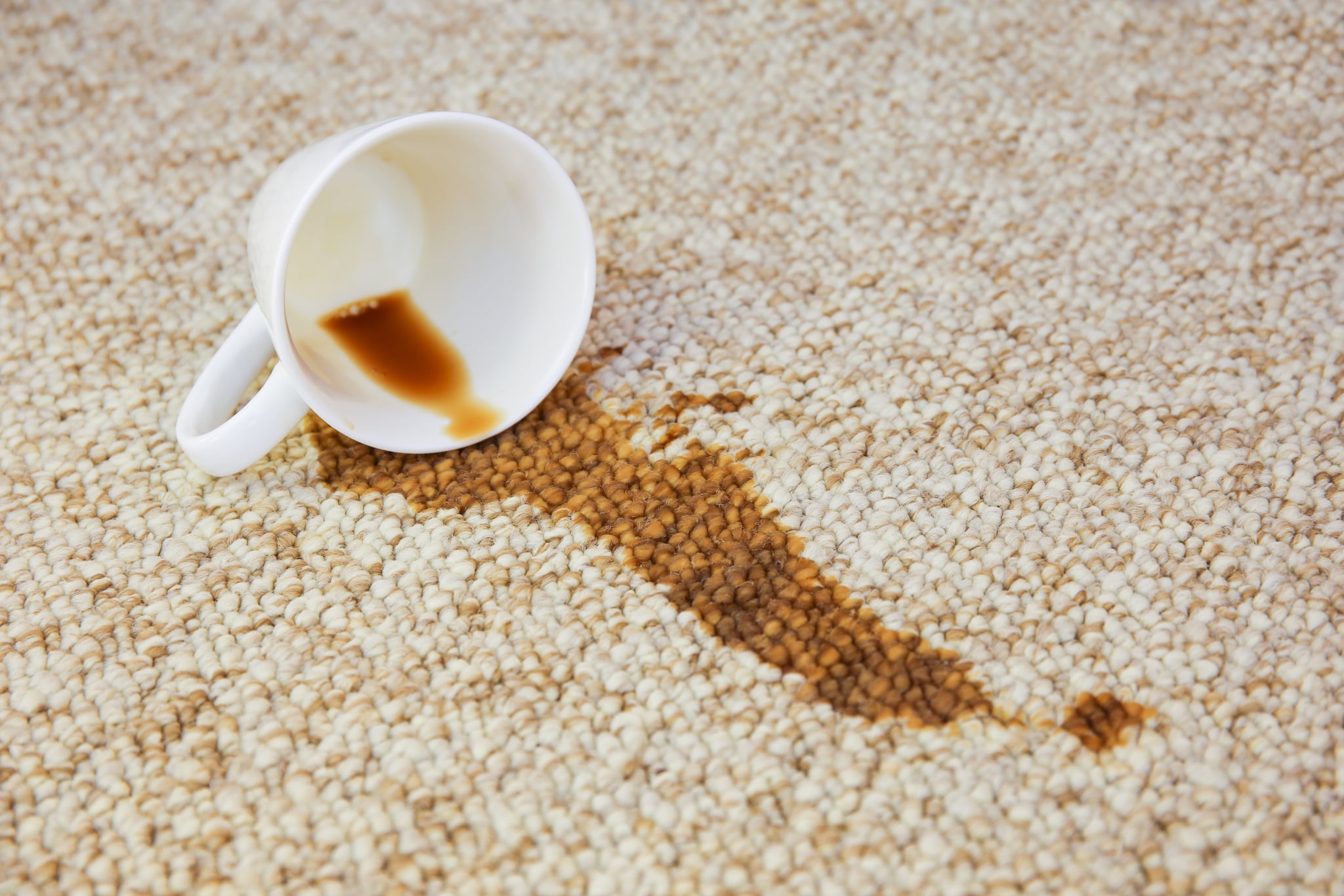 An overturned cup of coffee stained a tan brown carpet floor, leaving a spot that can be tackled with a homemade carpet cleaner.