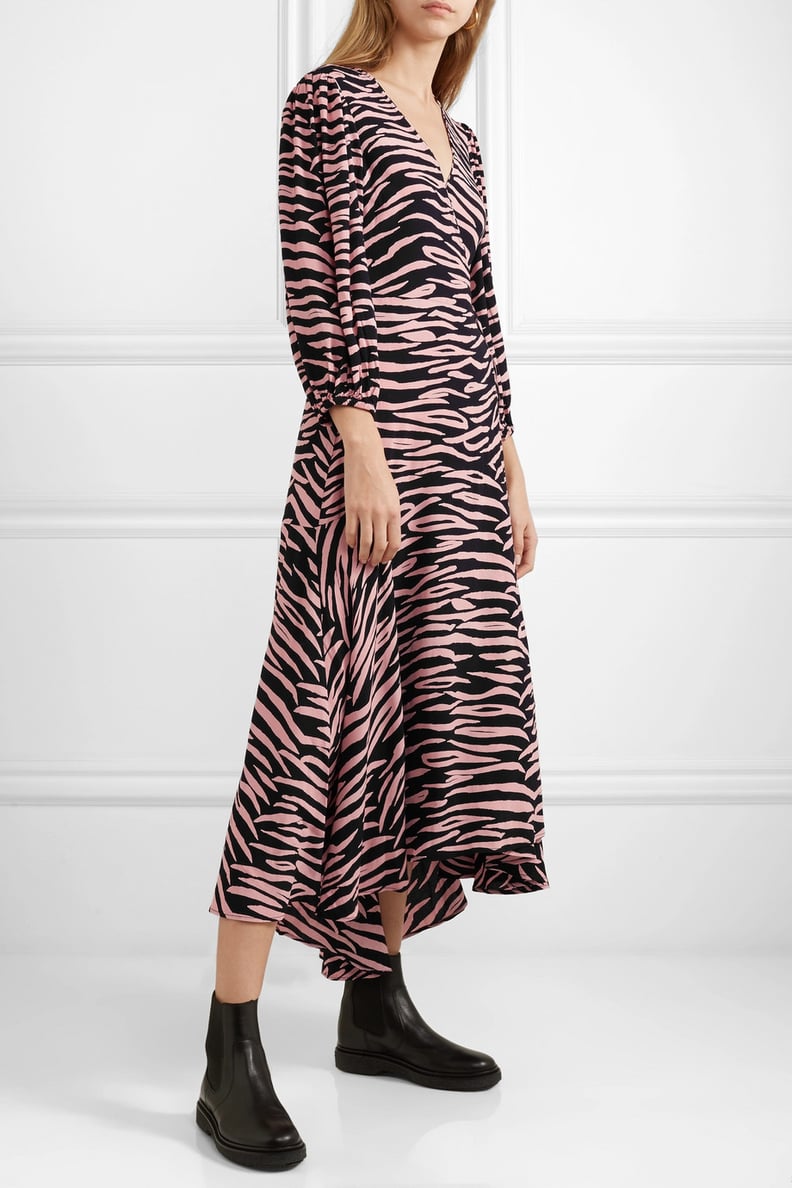 Ganni Zebra-Print Crepe Wrap Dress