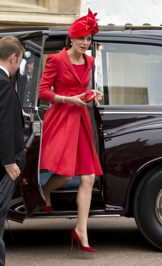 For Garter Day 2016, Kate wowed in a scarlet Catherine Walker coat with a matching Lock & Co. hat, Gianvito Rossi shoes in burgundy, and an Alexander McQueen clutch.