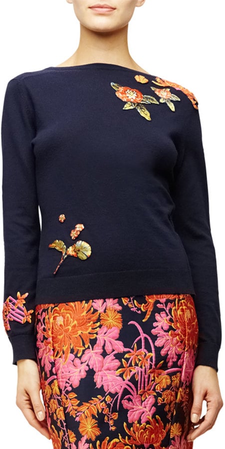 Zac Posen Floral Appliqué Long-Sleeve Sweater, Navy ($890)