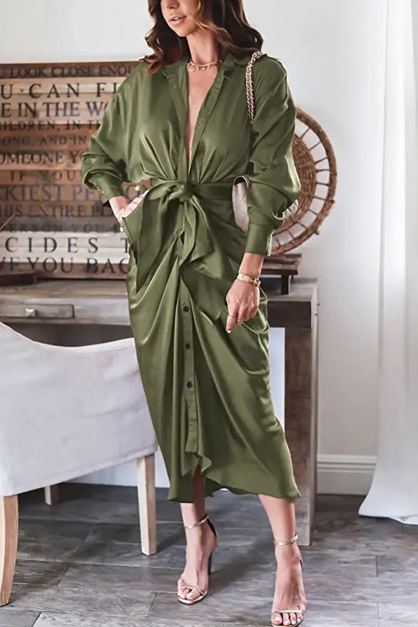 A Satin Dress: BTFBM Long Sleeve Lapel V Neck Button Down Satin Dress