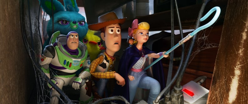 TOY STORY 4, background from left: Bunny (J. Peele), Ducky (Keegan-Michael Key); foreground from left: Buzz Lightyear (T. Allen), Woody (T. Hanks), Bo Peep (A. Potts), 2019.  Walt Disney Studios Motion Pictures / courtesy Everett Collection