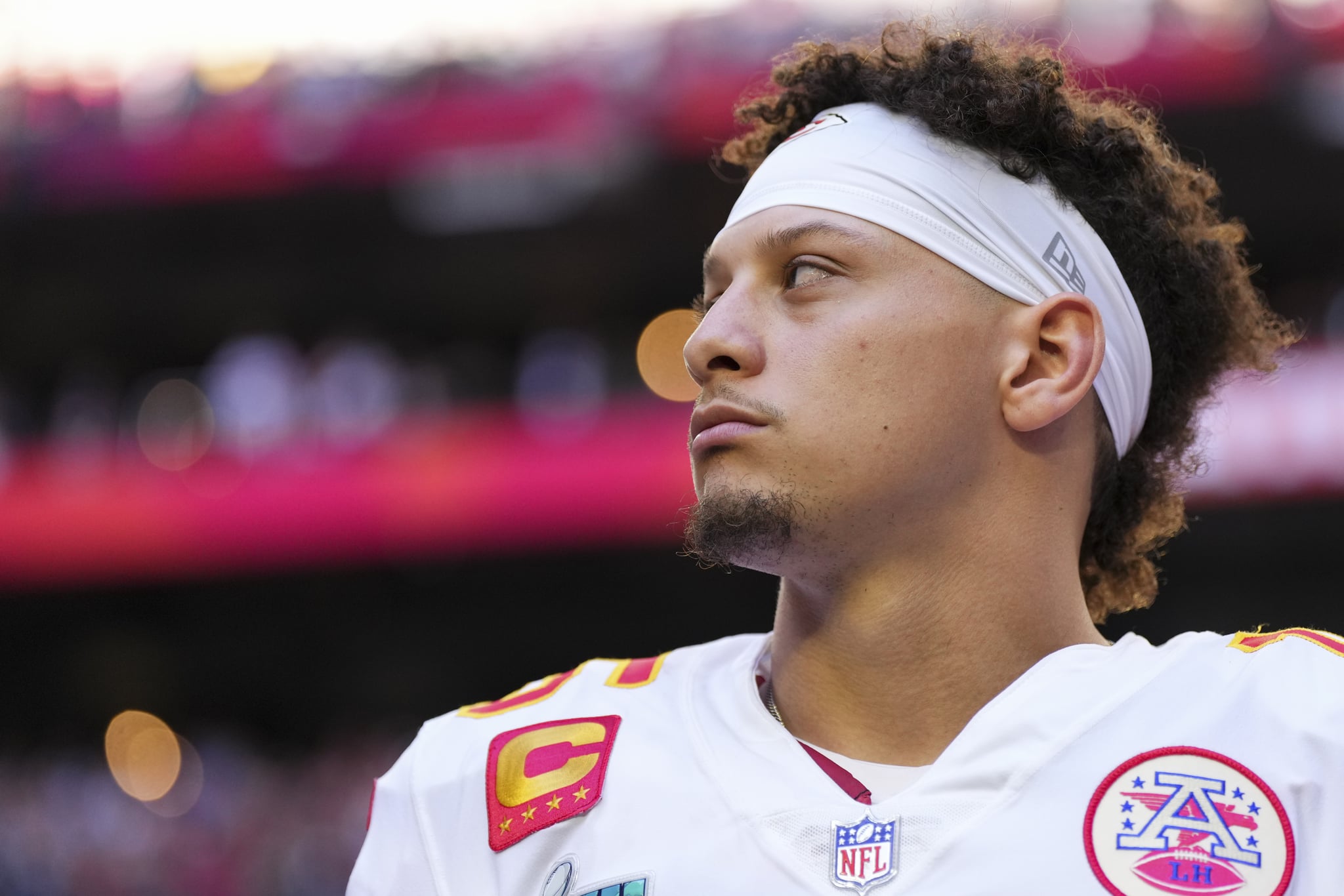 GLENDALE, AZ - FEBRUARY 12: Patrick Mahomes #15 of the Kansas City Chiefs stands during the national anthem against the Philadelphia Eagles after Super Bowl LVII at State Farm Stadium on February 12, 2023 in Glendale, Arizona. The Chiefs defeated the Eagles 38-35. (Photo by Cooper Neill/Getty Images)