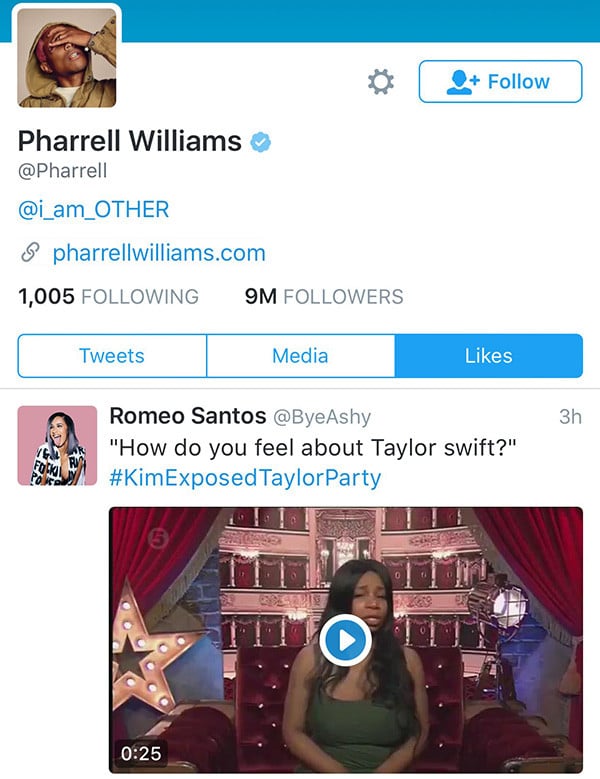 8:31 p.m. — Pharrell Williams "Liked" a Particularly Brutal Anti-Taylor Tweet