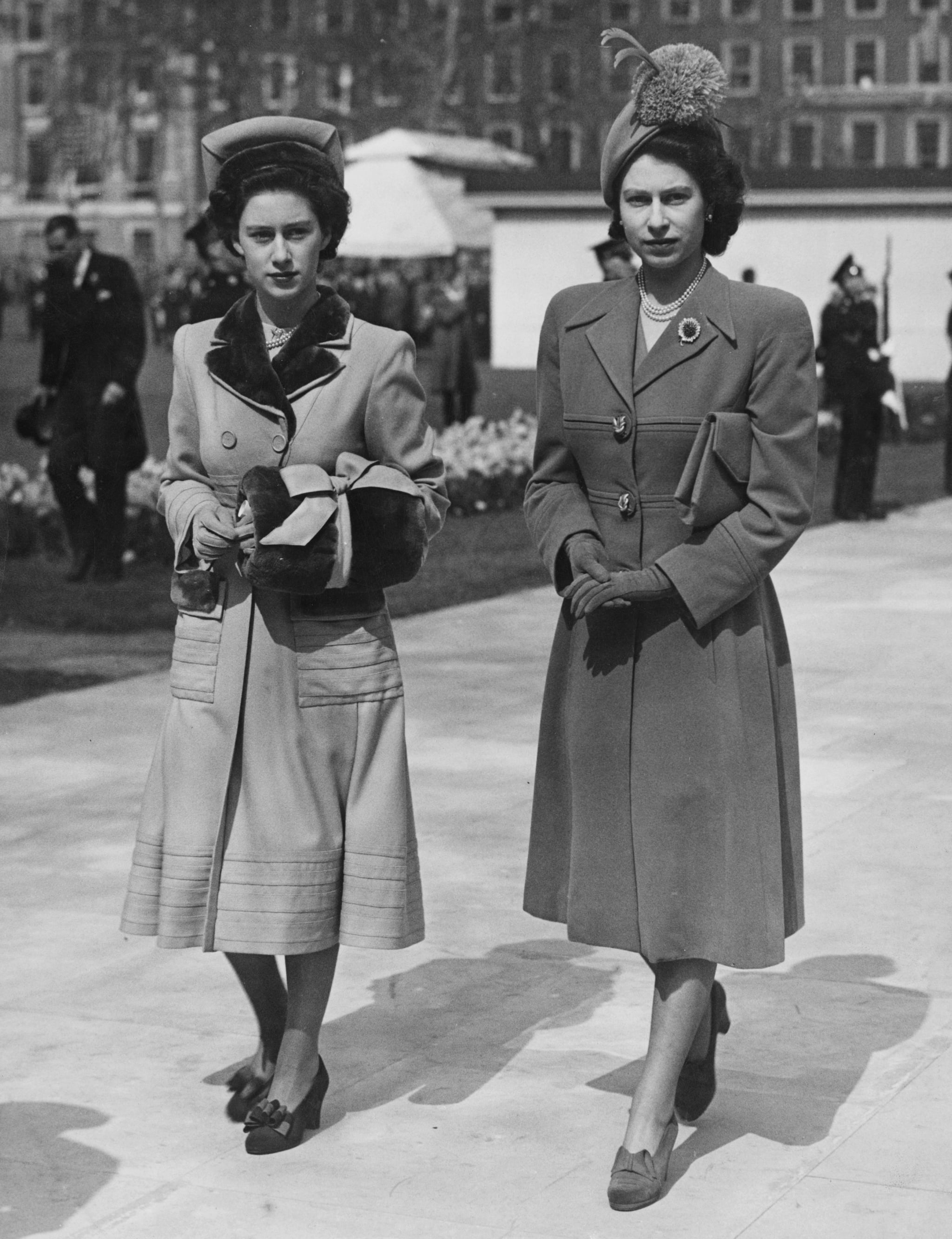 Princess Margaret (1930- 2002, left) and her sister, Princess Elizabeth (later Queen Elizabeth II) leaving Grosvenor Square, London, after the unveiling of the memorial to American President Franklin Delano Roosevelt, 10th April 1948.  (Photo by Fox Photos/PNA//Hulton Archive/Getty Images)