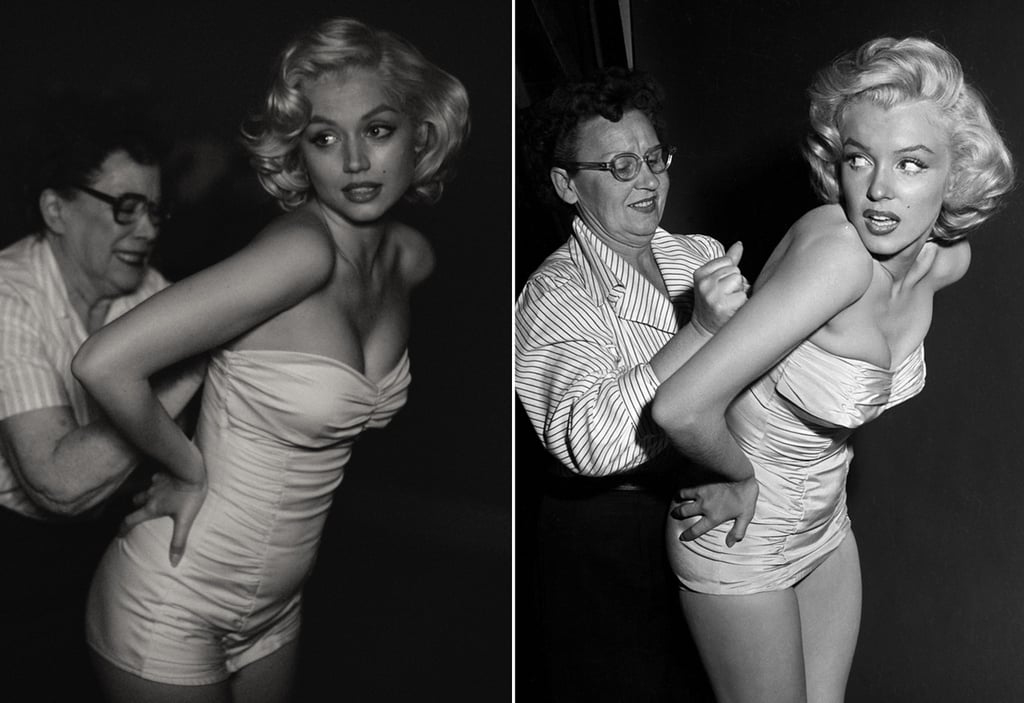 De Armas (L) replicates the moment when a wardrobe assistant helped Monroe (R) into a swimsuit on Independence Day in 1953.