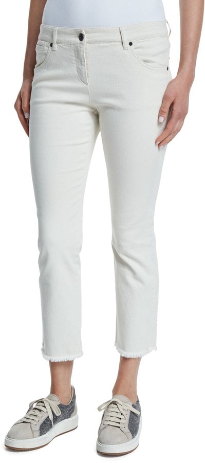 Brunello Cucinelli Cropped Frayed Denim Jeans, Stone ($775)
