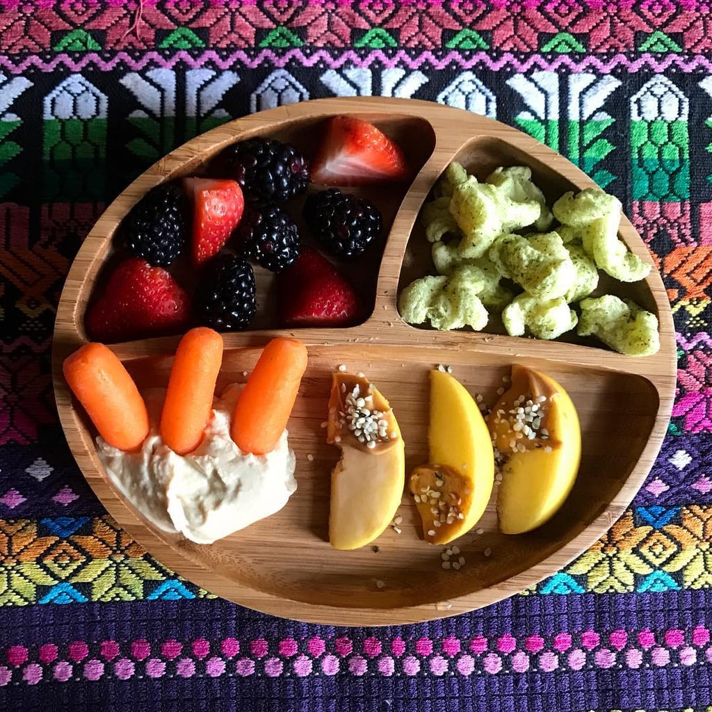 "Lunch: strawberries, blackberries, carrots, hummus, apples with sunflower butter and hemp hearts, and a new brand of veggie bites with less than 1 gram of sugar called Bearitos."