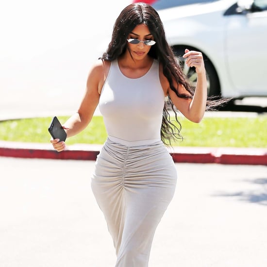 Kim Kardashian Gray Maxi Skirt and Sneakers