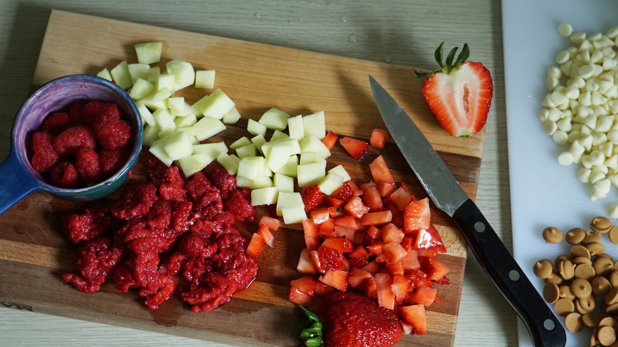 ingredients for chocolate-covered strawberry yoghurt clusters and peanut butter apple yoghurt clusters