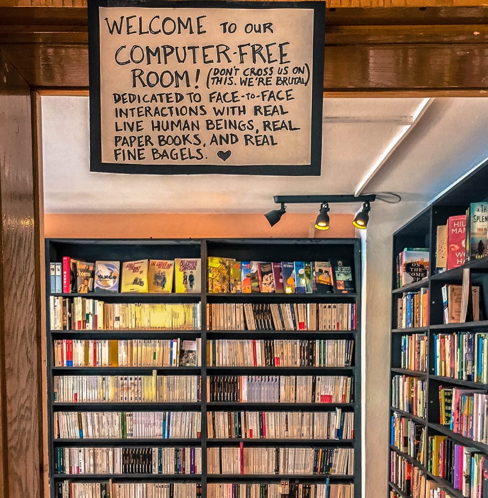 While the entire store is cozy, I recommend heading straight to the computer-free room. With "face-to-face interaction with real human beings, real paperbacks, and real fine bagels," a refreshing morning awaits!