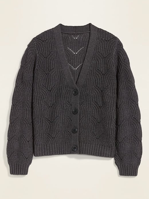 Pointelle-Knit V-Neck Button-Front Cardigan Sweater