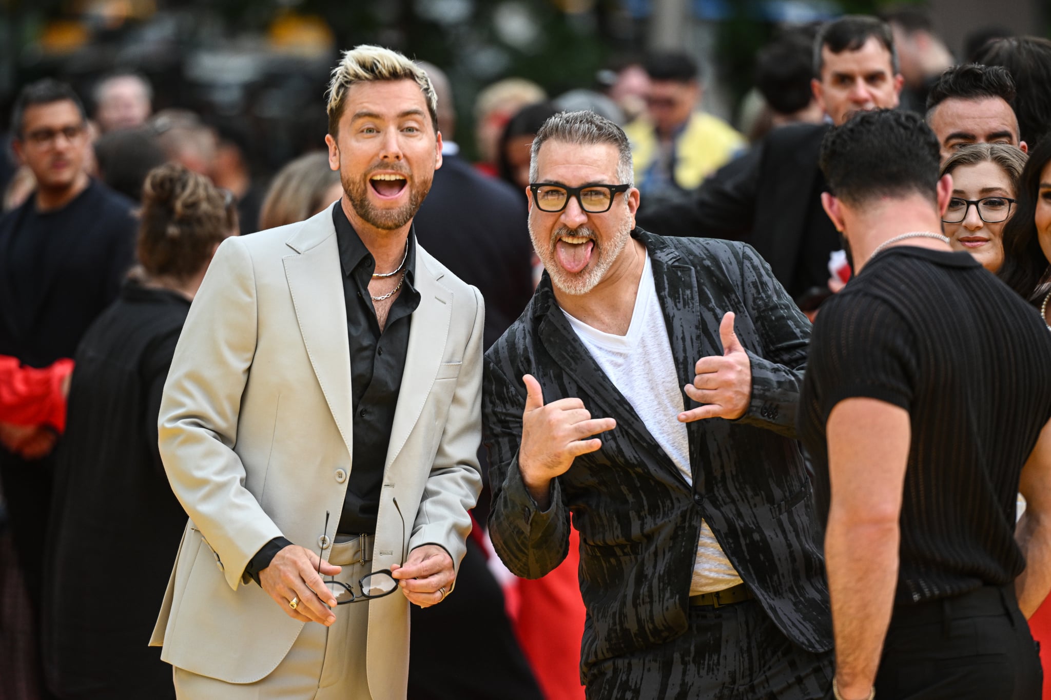 NEW YORK, NY - JULY 22: Lance Bass and Joey Fatone arrive at the premiere of Deadpool & Wolverine on July 22, 2024 in New York City.  (Photo by NDZ/Star Max/GC Images)