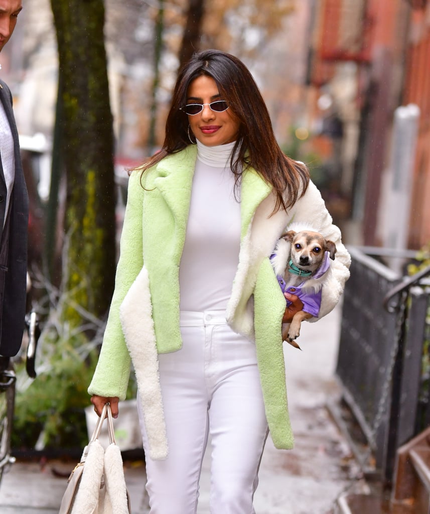 Priyanka Chopra Green Shearling Jacket in NYC December 2018