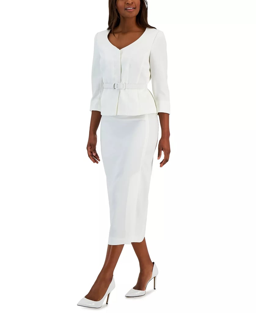 Le Suit Women's Belted Jacket 3/4-Sleeve Skirt Suit