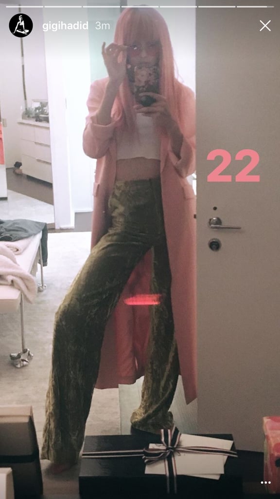 She Then Changed Into Green Velvet Pants by Cinq à Sept and Wore a Pink Wig