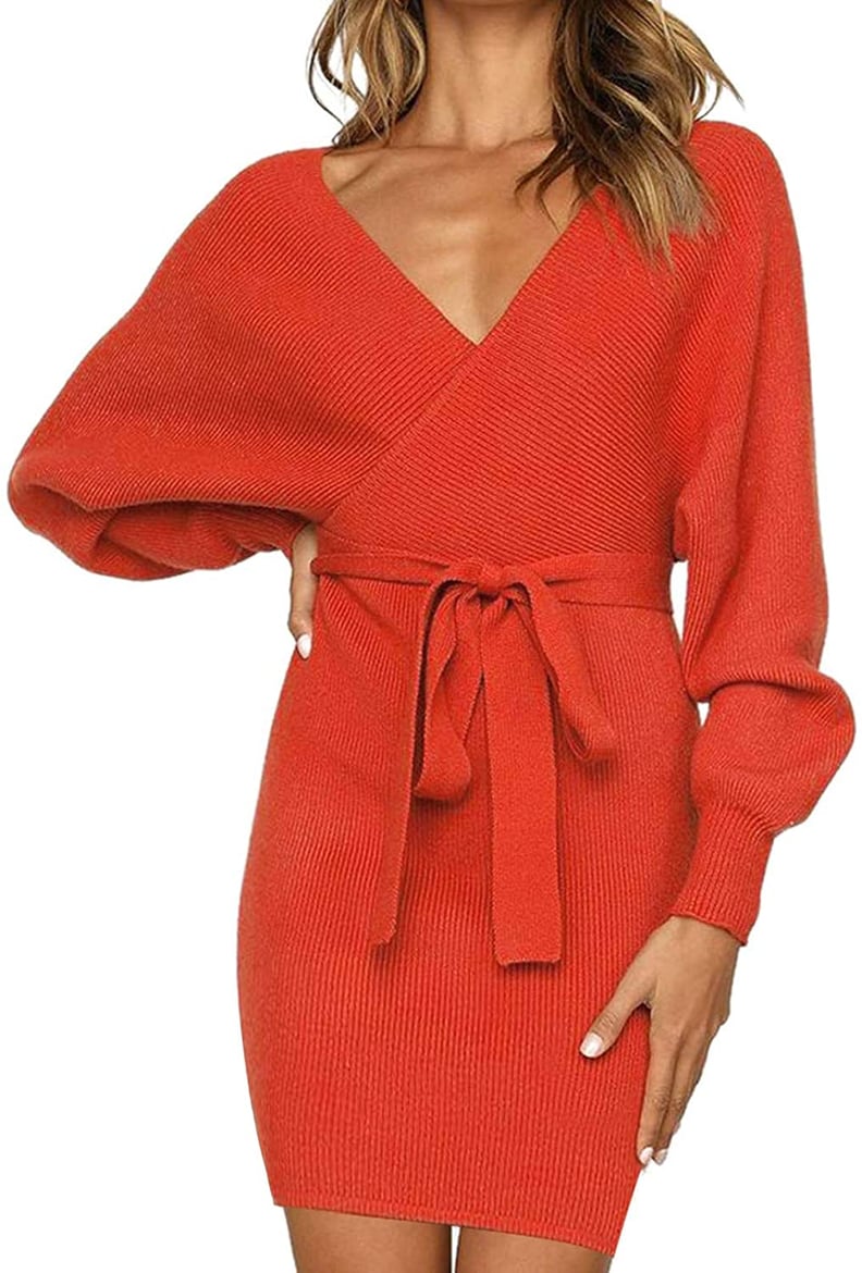 V Neck Tie Front Knit Dress