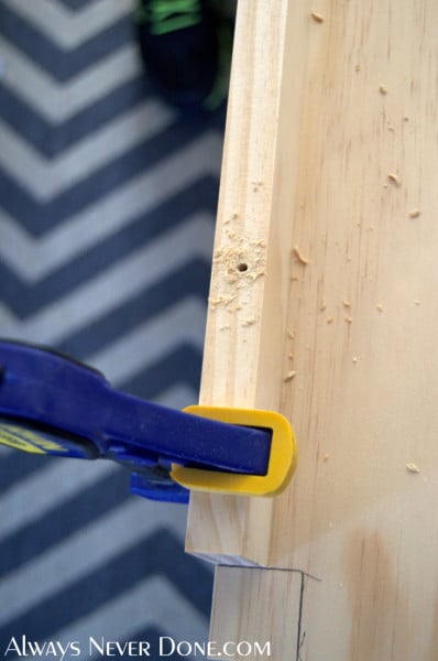 To do this, use your clamps to hold the furring strip to pine board, and drill pilot holes about every foot along the furring strip. (Pilot holes are small holes drilled into the wood before driving the screw in. This prevents the wood from splitting and keeps the screw straight.)