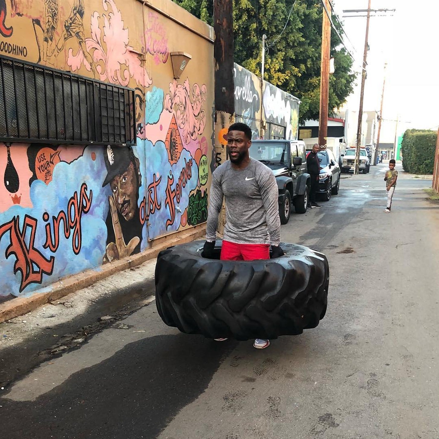 Kevin Hart Carrying Tire Workout Instagram January 2018 Popsugar Fitness