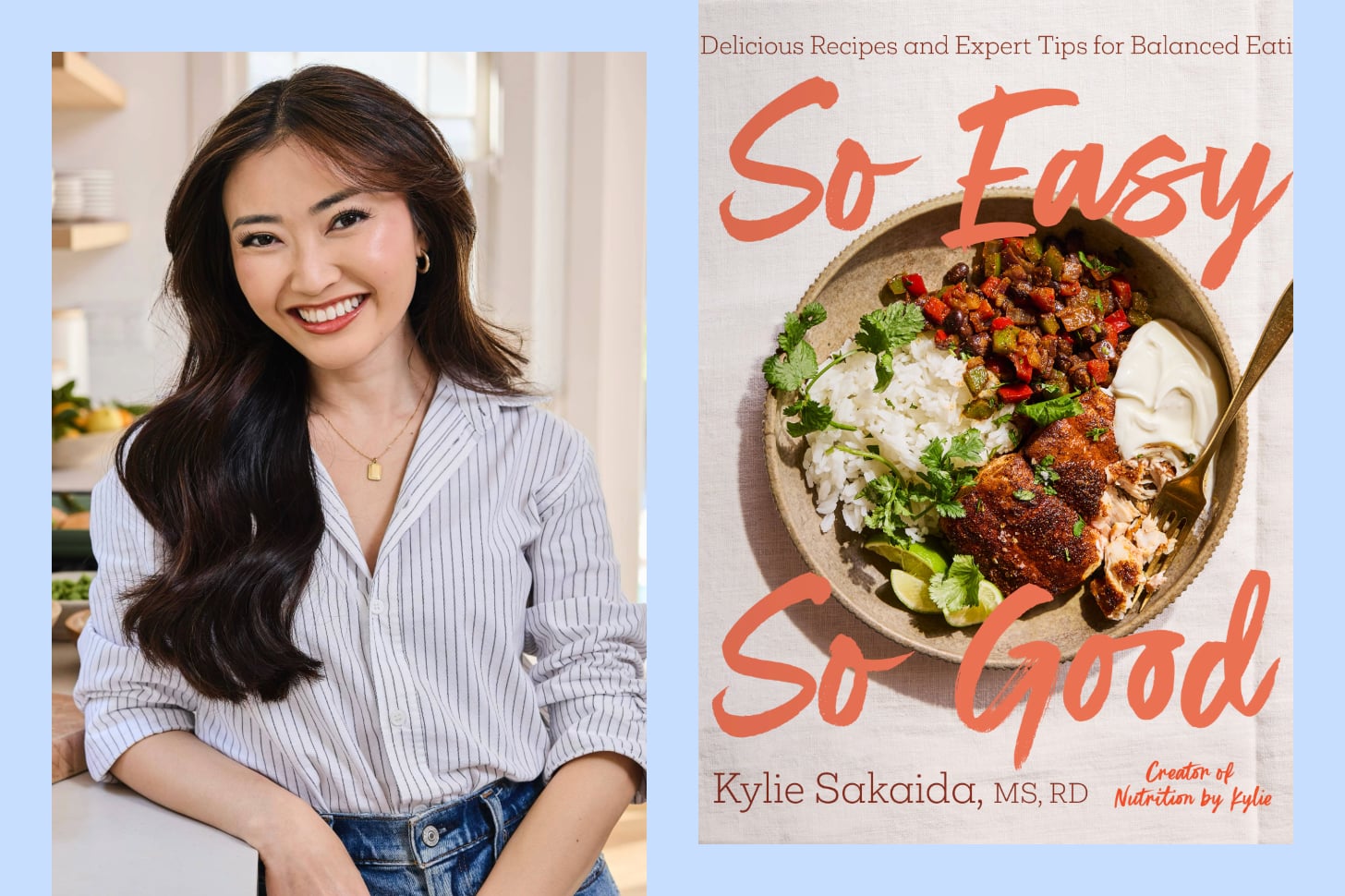A side by side photo shows Kylie Sakaida smiling in a kitch and the cover of her book, So Easy So Good.
