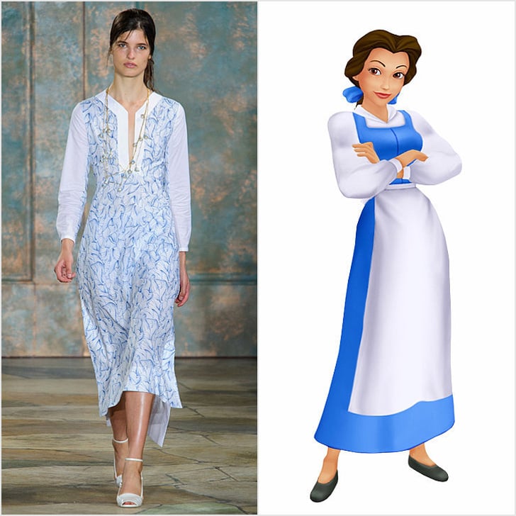 When we saw this movable, lightweight Tory Burch dress take the runway, we had to give Belle's casual blue-and-white dress a facelift for Spring '16. Belle's keeping her long sleeves and her subtle V-neck silhouette, but rather than an apron, she'll wear a true blue leaf print, and she'll accessorize with pearls instead of a bow. Oh and, Belle, it's time to give up your old gray flats for a pair of peep-toe ankle-strap heels.