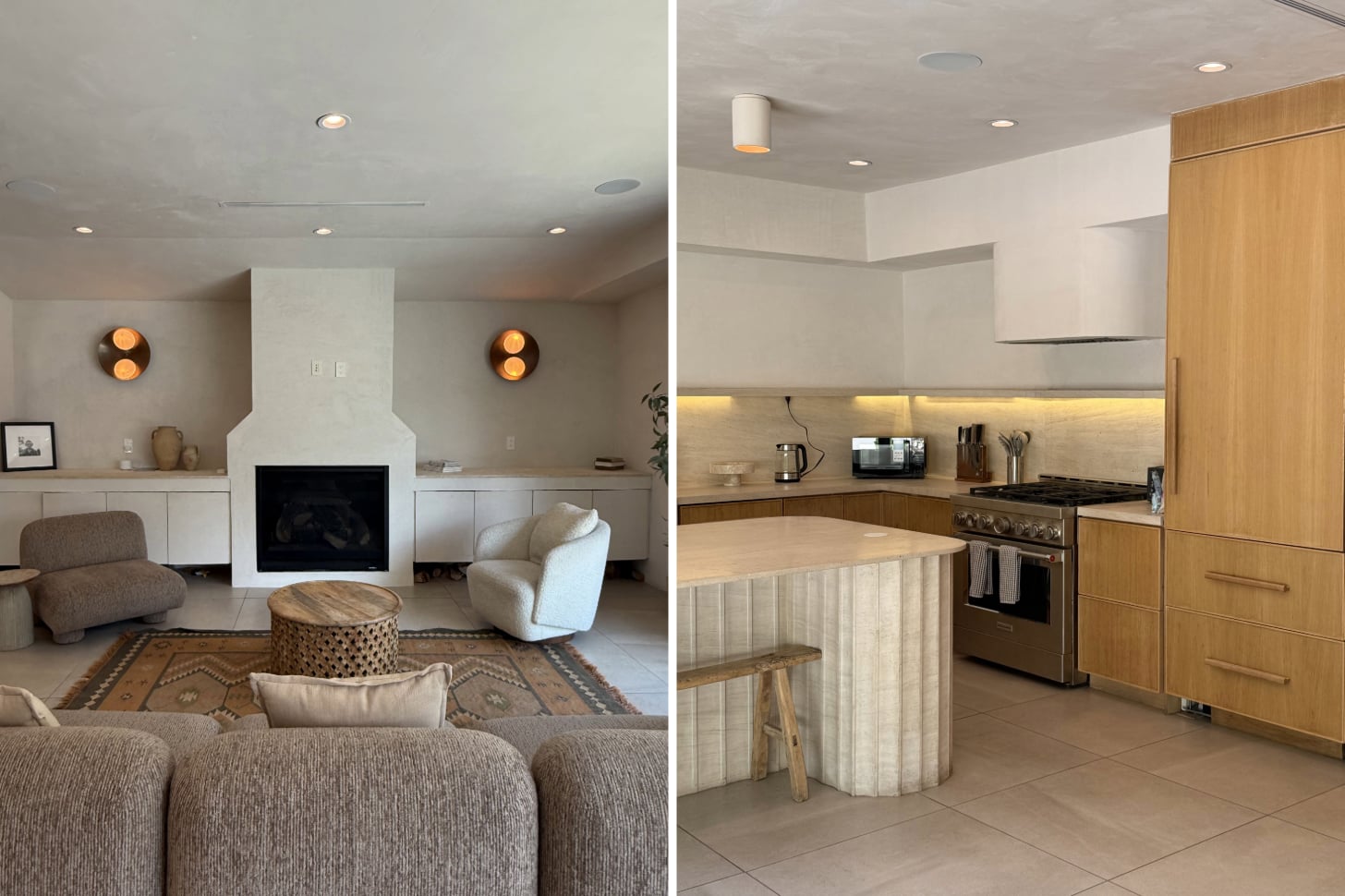 Side by side photos show an airy Airbnb where we shot our Off Campus cover
