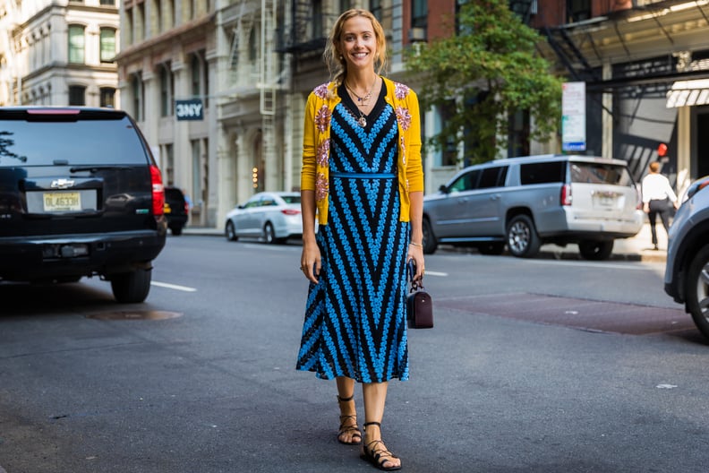 Printed Dress + Colored Cardigan