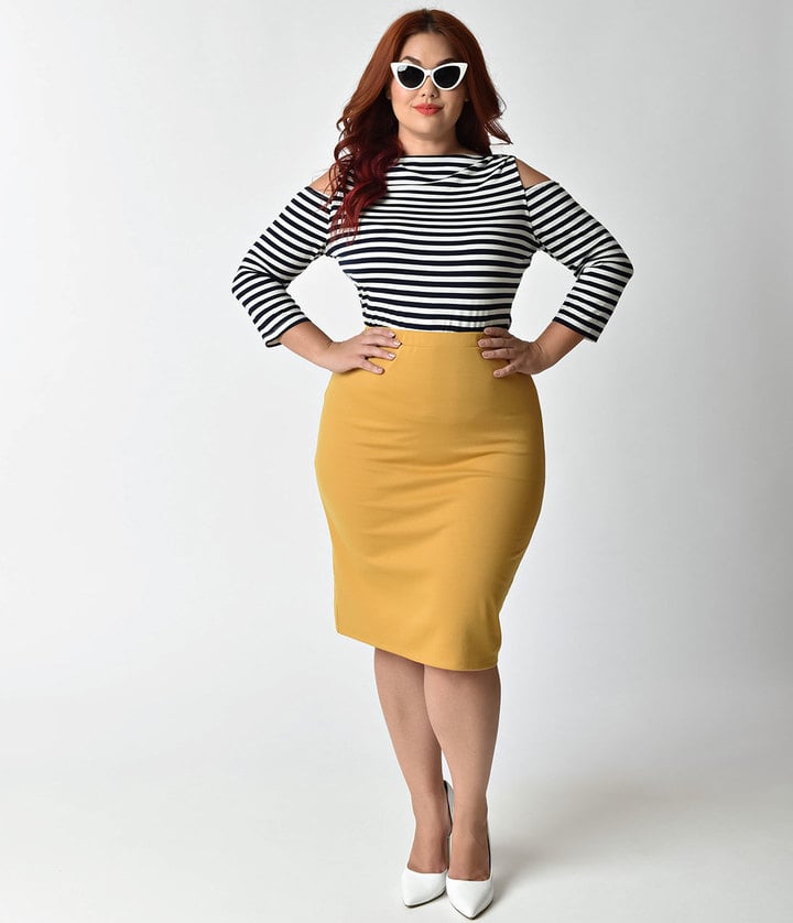 Unique Vintage Plus-Size Mustard Pencil Skirt