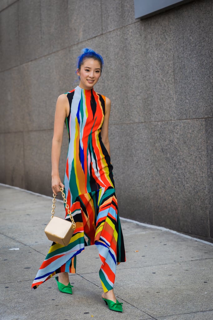 Work a colorful pair with an equally vibrant, floor-skimming dress.
