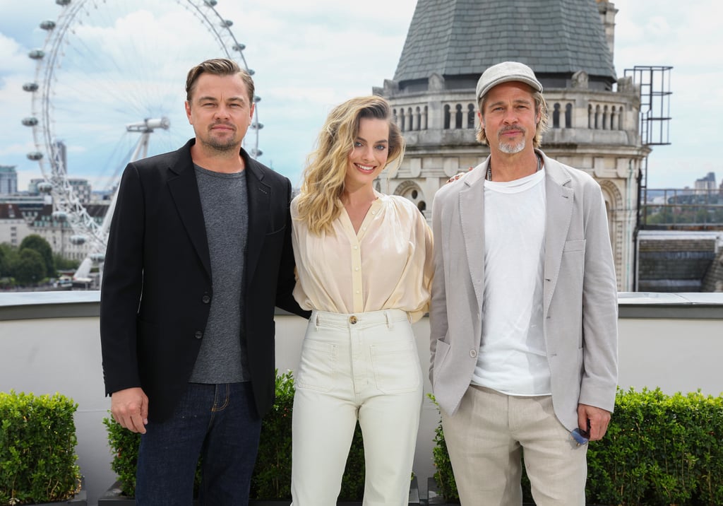 Leonardo DiCaprio, Margot Robbie, and Brad Pitt at the London photocall of Once Upon a Time in Hollywood.