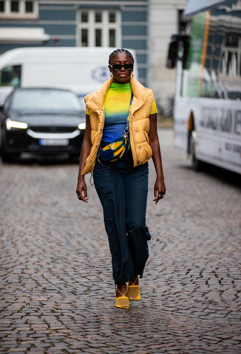 Bright Fitted Jumper, Navy Trousers, Cropped Puffer