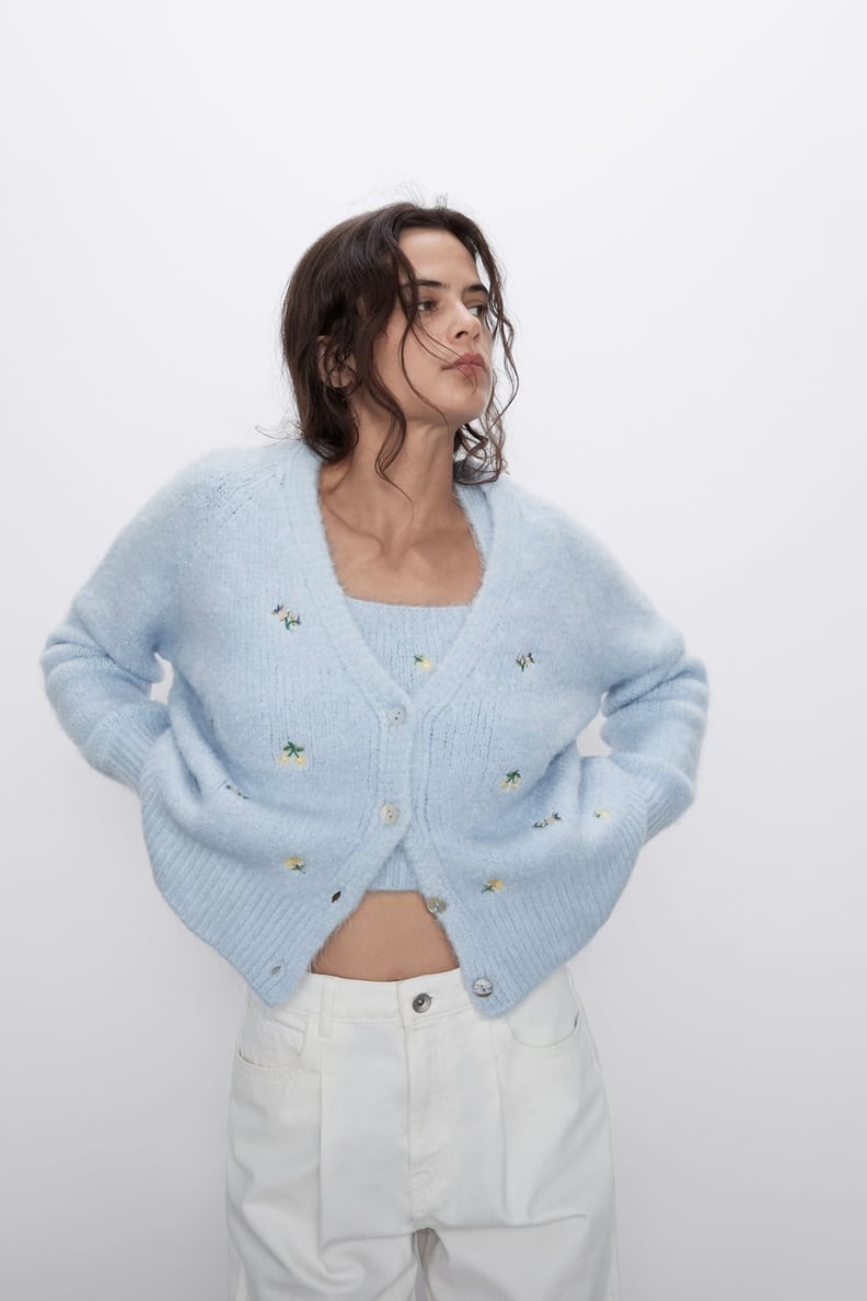 Zara Floral Embroidered Knit Cardigan