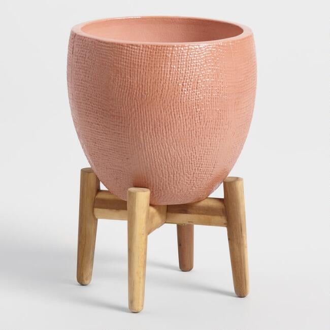 Burnt Coral Ceramic Planter With Wood Stand