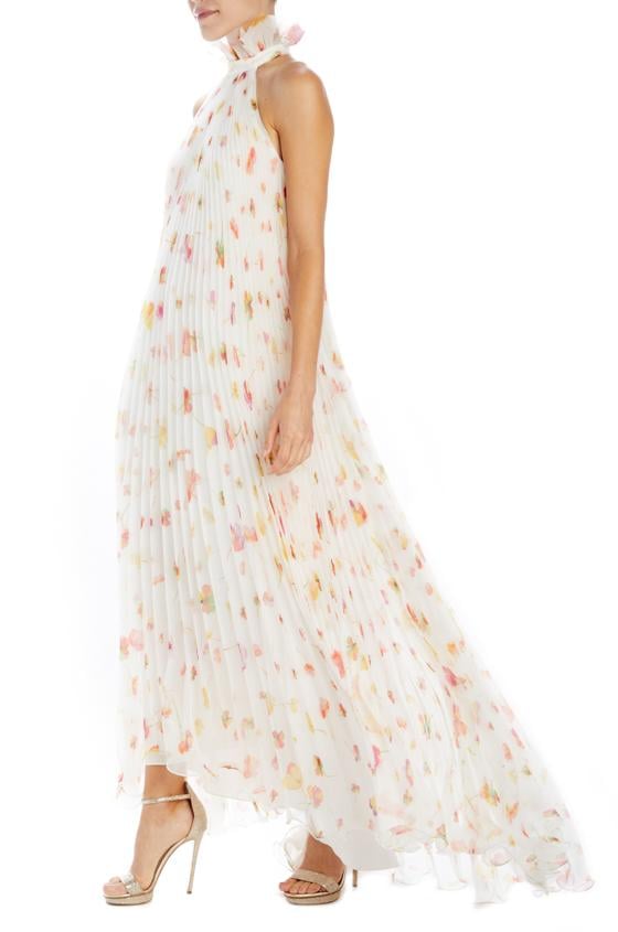 Monique Lhuillier Floating Floral Pleated Gown