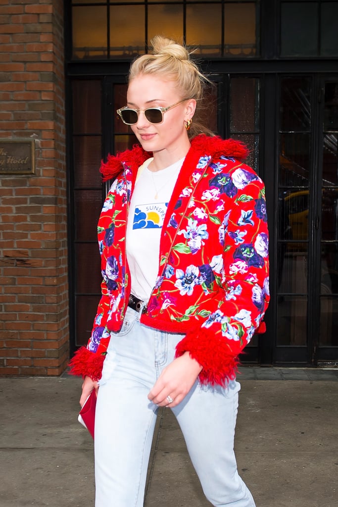 Sophie Turner in a Floral Red Jacket in 2018