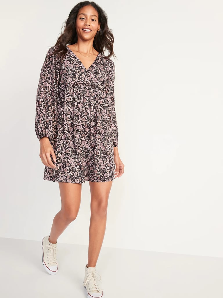 Old Navy Floral-Print V-Neck Long-Sleeve Swing Dress