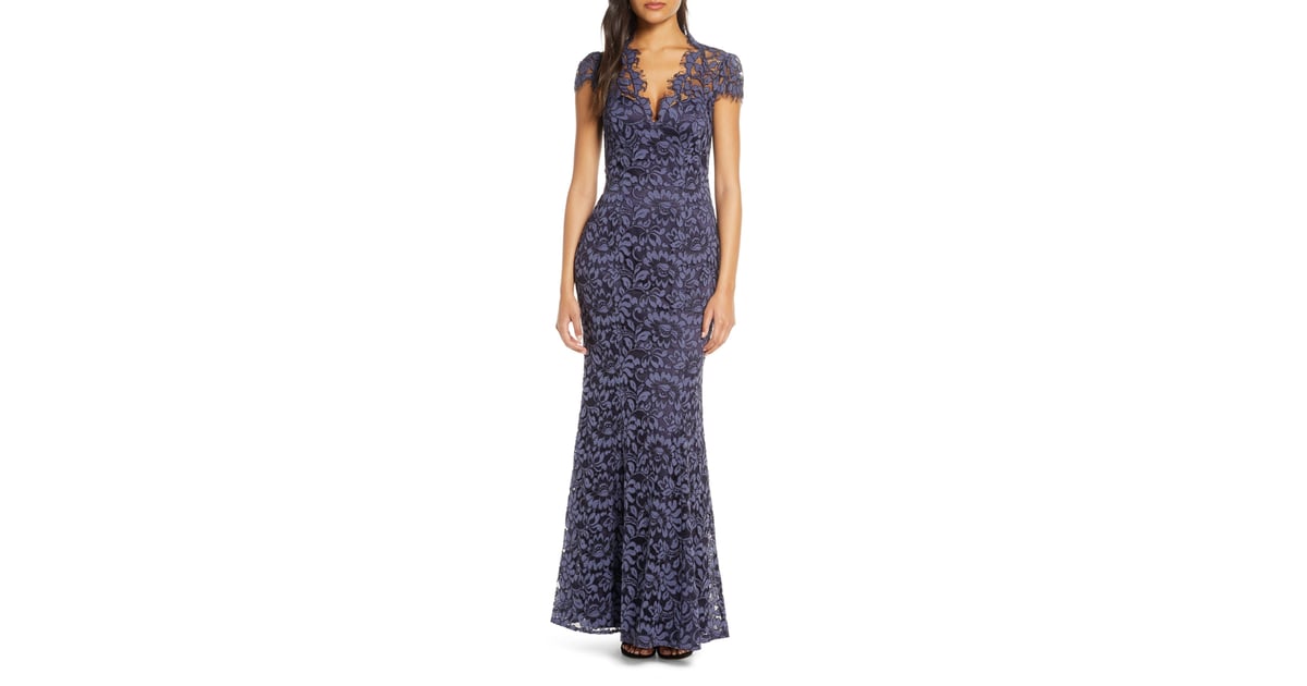 eliza j embroidered lace trumpet gown