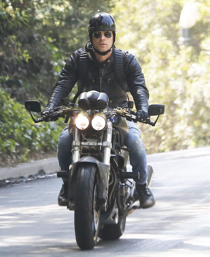 Justin Theroux took his motorcycle out for a spin in LA's Bel Air neighborhood on Friday.