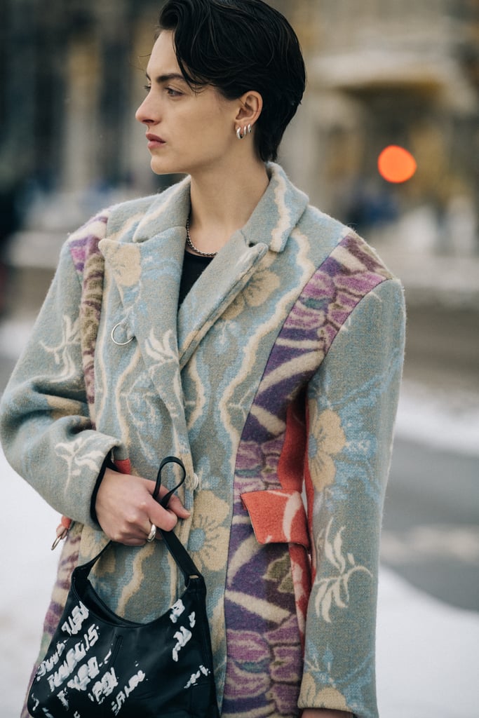 Wear a whimsical pastel pattern with a graphic-print graffiti bag and revel in the edgy juxtaposition of the look.