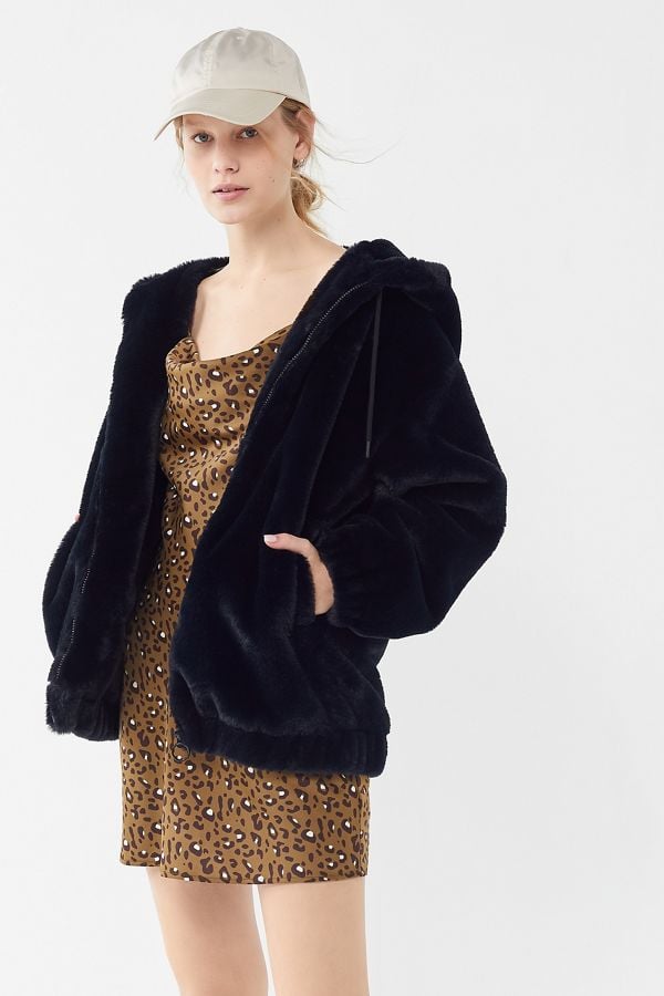 UO Faux Fur Hooded Bomber Jacket
