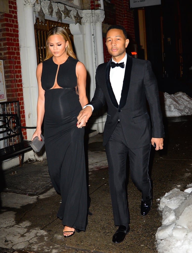 Chrissy Teigen Wearing a Long Black Dress