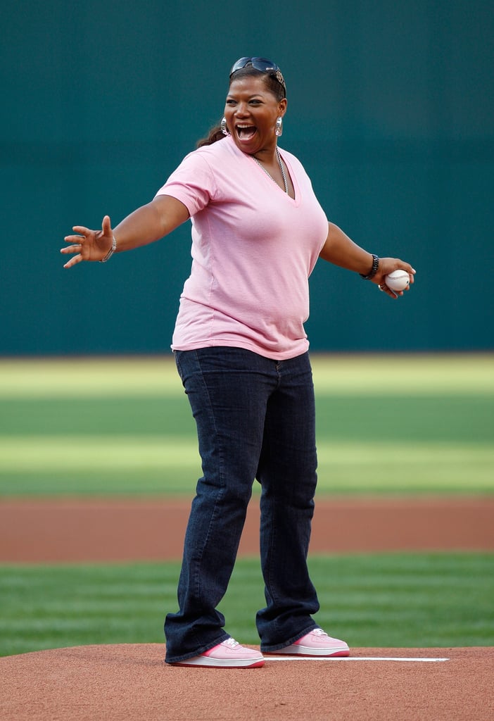Queen Latifah worked the pitcher's mound at a New York Yankees vs. Cle...