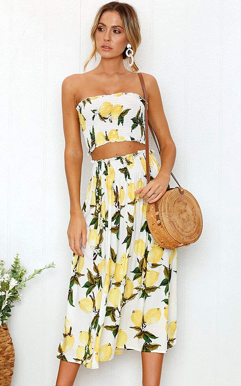 Angashion Floral Crop Top Maxi Skirt Set